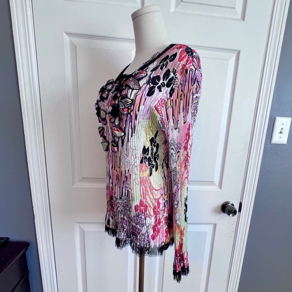 Alberto Makali Pleated Floral Cardigan 3D Applique Mesh Trim Multi Color XL NEW - Picture 3 of 8